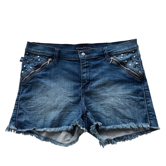 Rock & Republic Distressed Denim Shorts w/ Studded & Zipper Accents Womens Sz 12 - Picture 1 of 9